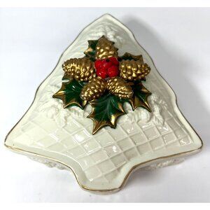 Vintage  Christmas Tree Candy Dish With Holly & Pinecone Design Porcelain Gold T